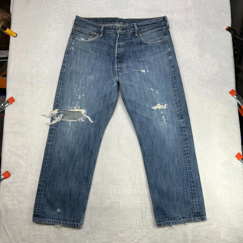 Levi's 501 Original Fit Straight Jeans Men's 36X27 Blue Denim Button Fly - Flaws